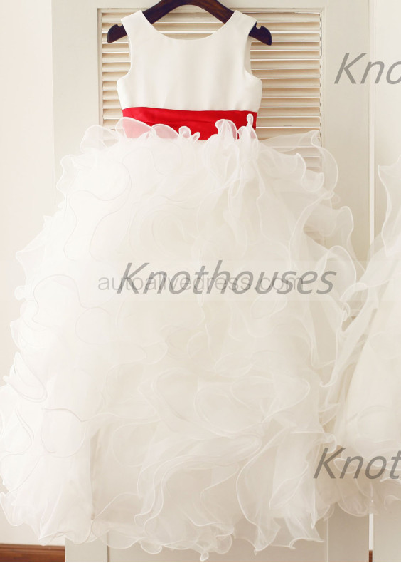 Ivory Satin Organza Ruffled Flower Girl Dress With Red Belt Ivory Satin Organza Ruffled Flower Girl Dress With Red Belt